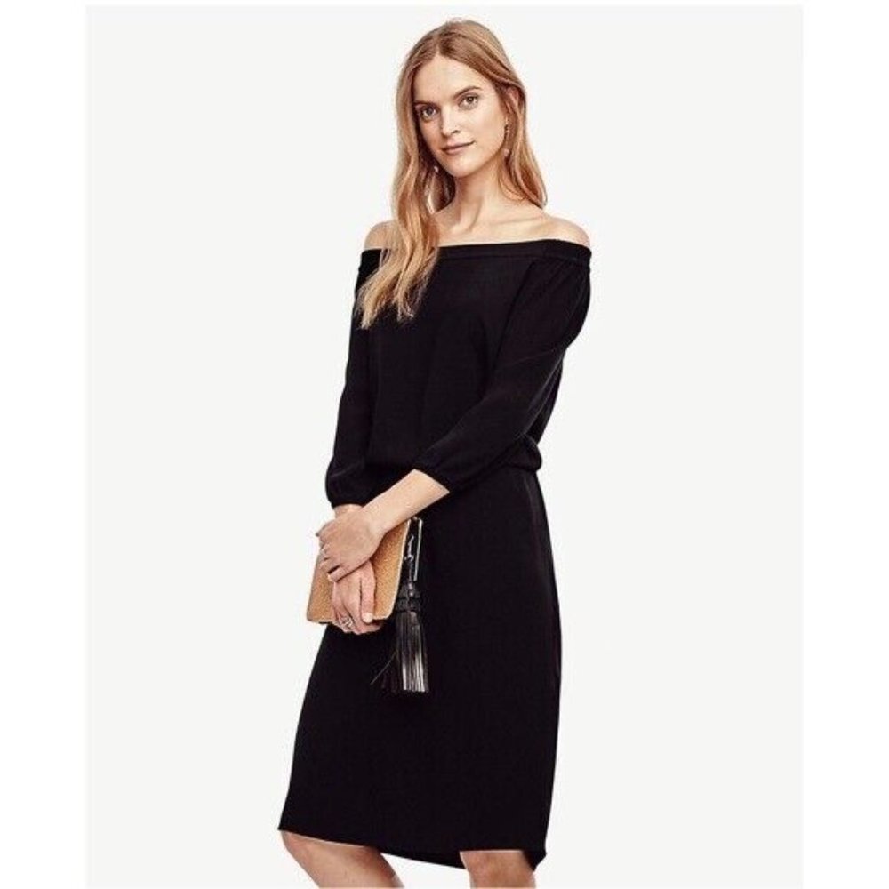 "ANN TAYLOR" BLACK OFF-SHOULDER BLOUSON A LINE 3/4 SLEEVES DRESS SIZE: 6 NWT - Picture 1 of 4